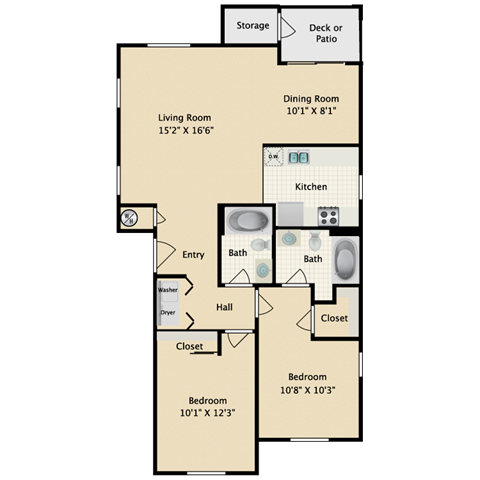 Floor plan for 2 beds, 2 baths, 974 sqft
